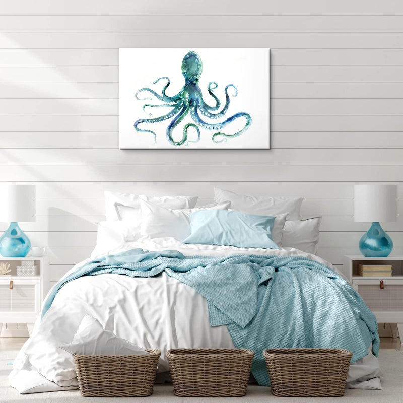 JAPO ART Blue Octopus Bathroom Decor Canvas Wall Art by Edward Selkirk Coastal wall decor Nautical Ocean Animal Watercolor Marine life Sea Pictures Framed Artwork Print on Canvas for Living Room - Image 5
